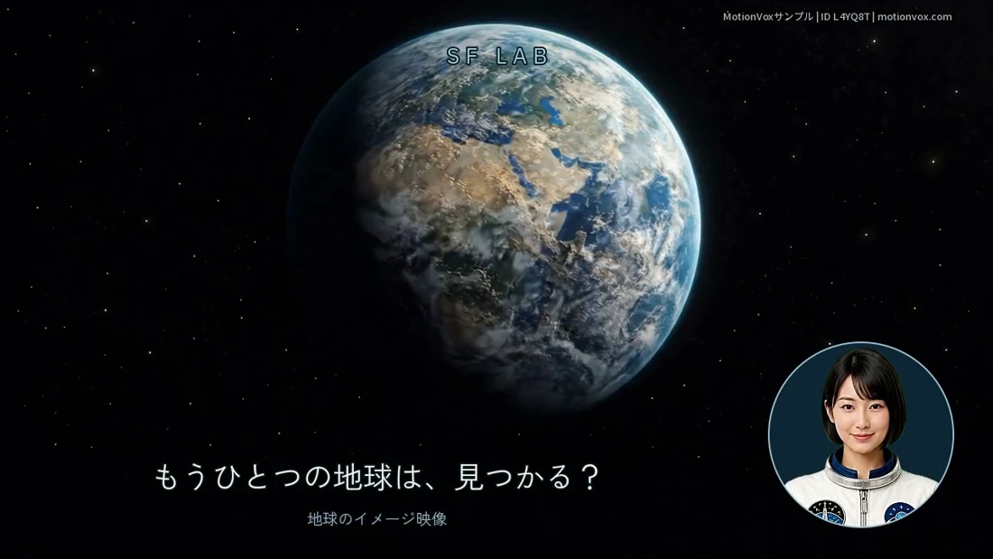 完成動画の実画面。地球の映像の右下に、宇宙飛行士のアバターを円形ワイプで表示