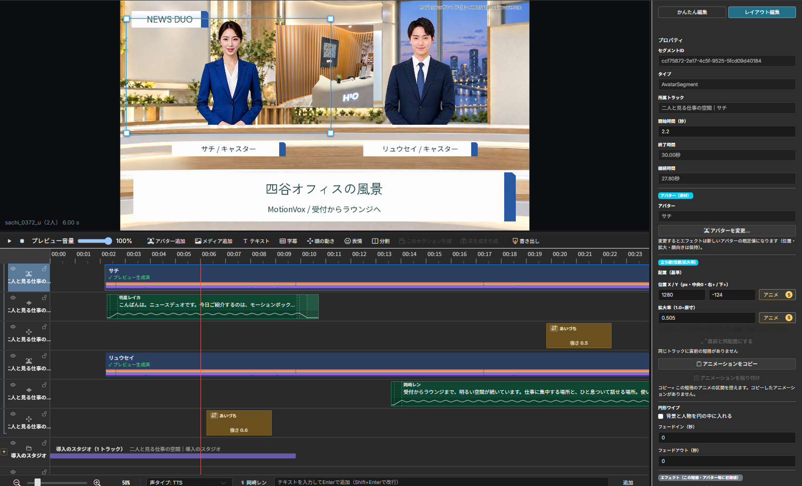 二人のアバター・字幕・メディア・タイムラインとプロパティを表示したMotionVoxの実際の編集画面