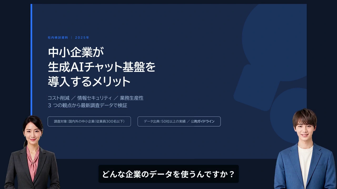 PowerPointから生成した2人の掛け合い。資料の両側にアバターを配置した画面