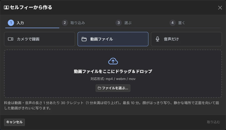 セルフィーから作る：録画・動画ファイル・音声の取り込み画面