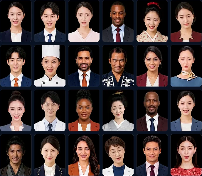 女性・男性、和装やさまざまな職業のアバターが並ぶ一覧。ケイコを含む人物が話したり表情を変えたりする動画。